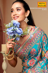 Aqua blue printed satin silk wedding wear saree