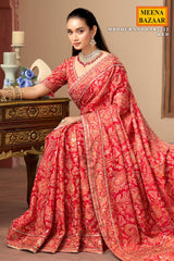 Red Printed Satin Silk Saree with Readymade Blouse