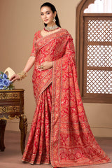 Red Printed Satin Silk Saree with Readymade Blouse
