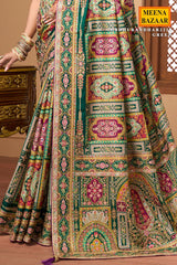 Green Satin Silk Printed Saree with Ready-Made Blouse