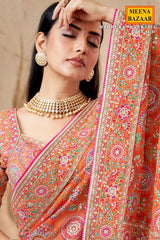 Peach Satin Silk Printed Designer Saree with Ready-Made Blouse