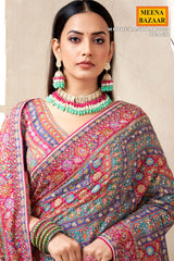 Firozi Satin Silk Printed Designer Saree with Ready-Made Blouse