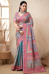 Firozi Satin Silk Printed Designer Saree with Ready-Made Blouse