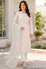 Cream Cotton Embroidered Unstitched Suit Set With Embroidered Dupatta
