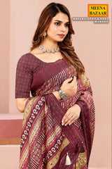 Maroon Cotton Saree with Elegant Embroidery & Artistic Prints