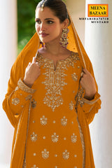 Mustard Embroidered Silk Sharara Suit