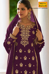 Wine Embroidered Silk Sharara Suit