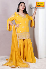 Mustard Zari Sequin Embroidered Georgette Gharara Suit Set