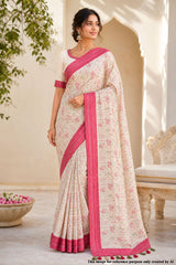 Tusar Silk Saree with Intricate Thread Work & Maroon Sequin Border