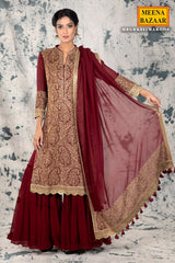 Maroon Georgette Gharara Unstitched Suit