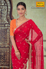 Carmine Red Georgette Sequins Embroidered Saree