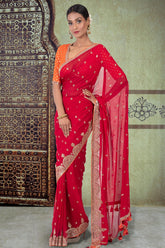 Carmine Red Georgette Sequins Embroidered Saree