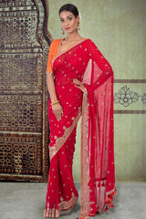 Carmine Red Georgette Sequins Embroidered Saree