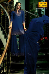 Navy Georgette Aari Embroidered Sharara Suit