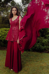 Wine Georgette Sequins Embroidered Sharara Suit