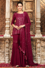 Wine Georgette Embroidered Sharara Suit