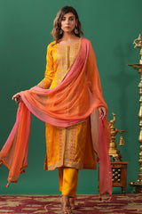 Mustard Silk Zari and Sequins Embroidered Unstitched Suit