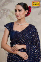 Navy Georgette Floral Sequins Embroidered Saree