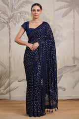 Navy Georgette Floral Sequins Embroidered Saree