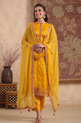 Mustard Silk Embroidered Unstitched Suit