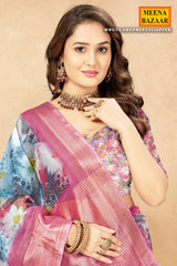 Pink Organza Saree with Floral Embroidery & Shimmer Border