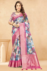 Pink Organza Saree with Floral Embroidery & Shimmer Border