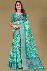 Rama Organza Saree with Floral Embroidery & Shimmer Border