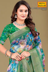 Green Organza Saree with Floral Embroidery & Shimmer Border