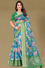 Green Organza Saree with Floral Embroidery & Shimmer Border