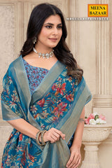 Gulabo Print Blue Cotton Embroidered Border Saree