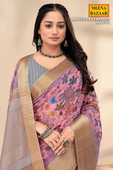 Gulabo Print Mauve Cotton Embroidered Border Saree