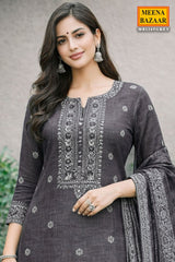 Grey Cotton Embroidered Unstitched Suit