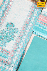 Firozi Cotton Unstitched Suit with Embroidery