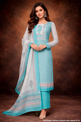Firozi Cotton Unstitched Suit with Embroidery