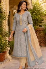 Unstiched Grey Kurta Set with Mustard Pants & Dupatta