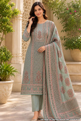 Sea Green Printed Unstitched Suit Set with Dupatta
