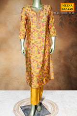 Mustard Maslin Ready Made Suit with Elegant Neck Embroidery