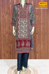 Blue Crepe Ready Made Suit with Designer Neck Embroidery