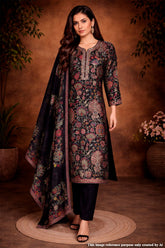 Black Maslin Ready Made Suit with Embroidered Neck