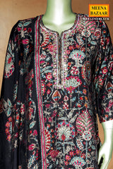 Black Maslin Ready Made Suit with Embroidered Neck