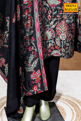 Black Maslin Ready Made Suit with Embroidered Neck