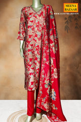 Maroon Maslin Ready-Made Suit with Elegant Neck Embroidery