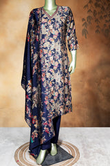 Navy Maslin Ready Made Suit with Elegant Neck Embroidery