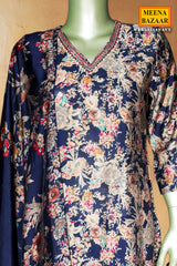 Navy Maslin Ready Made Suit with Elegant Neck Embroidery