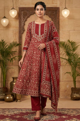 Rust Cotton ReadyMade Suit with Neck Embroidery