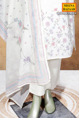 Cream Cotton Ready-Made Suit with Elegant Neck Embroidery
