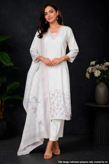 Cream Cotton Ready-Made Suit with Elegant Neck Embroidery