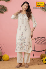 Cream Cotton Ready-Made Suit with Elegant Embroidered Neckline