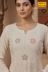 Cream Cotton ReadyMade Suit with Neck Embroidery