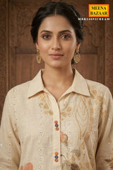 Cream Cotton Kurti Suit with Neck Embroidery
